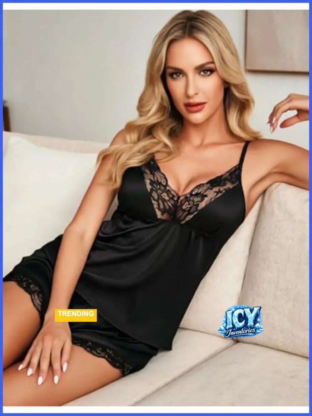 Lace Trim Cami Shorts Sleepwear Set Soft Polyester 2 Piece Lingerie
